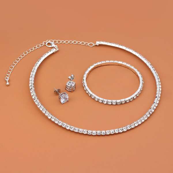 

4pcs Zircon Decor Jewelry Set, Silver