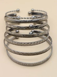 7pcs/10pcs/14pcs Fashionable Star & Heart Pattern Open Bangle Set, Gold Color