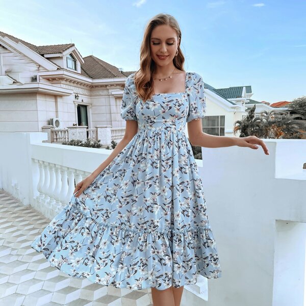 

Allover Floral Print Square Neck Ruffle Hem Milkmaid Dress, Baby blue