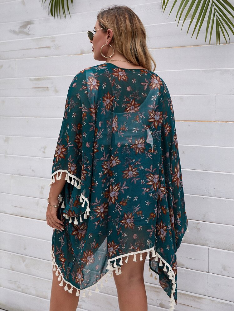 Summer Beach Plus Floral Print Tassel Trim Kimono
