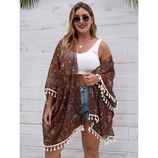 

Plus Floral Print Tassel Trim Kimono, Multicolor