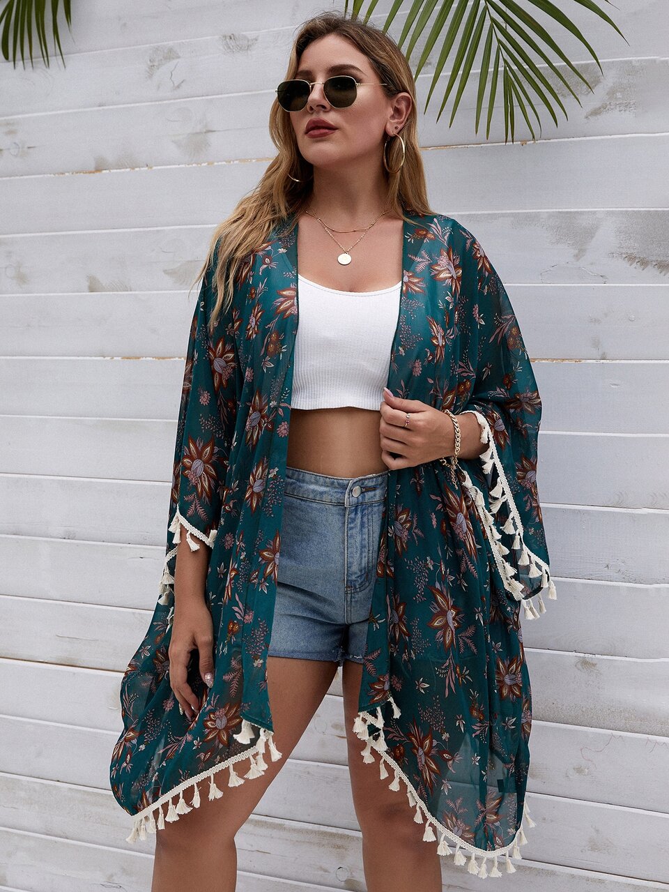 Summer Beach Plus Floral Print Tassel Trim Kimono