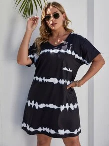 SHEIN LUNE Plus Tie Dye Tee Dress - Black - View 1