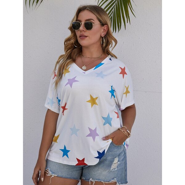 

Plus Star Print V-Neck Tee, White