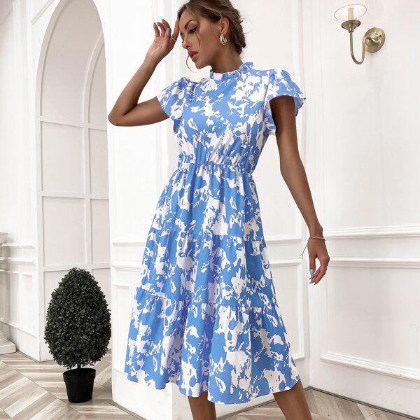 

All Over Print Ruffle Neck Dress, Blue and white