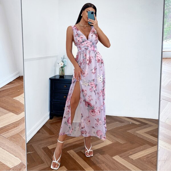 

Allover Floral Plunging Neck Split Thigh Dress, Baby pink