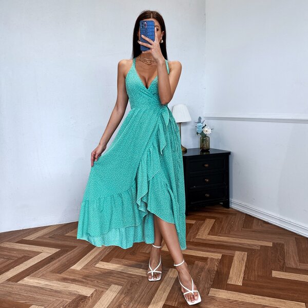 

Polka Dot Knot Side Cami Wrap Dress, Green