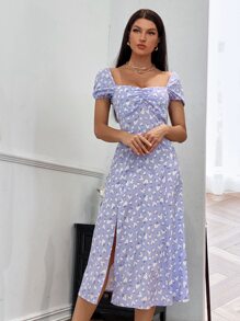 GENKIRA 小碎花雞心領開衩洋裝 - 淺藍色 - 查看 6
