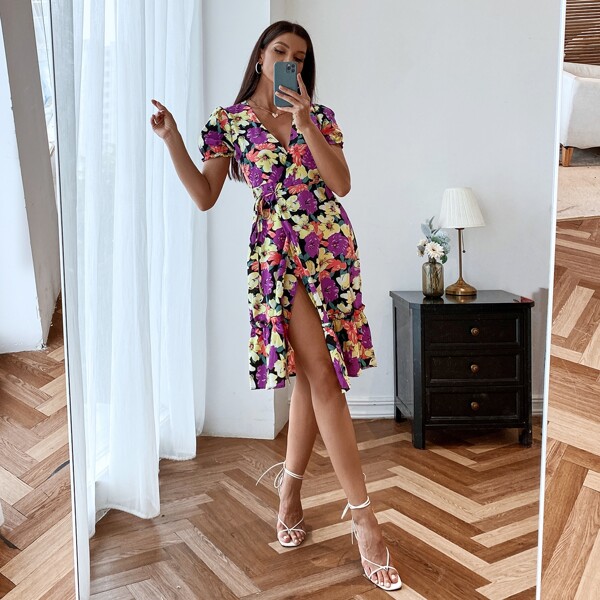 

Allover Floral Print Ruffle Hem Wrap Dress, Multicolor
