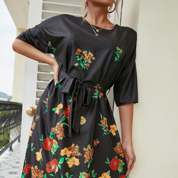 

Floral Print Belted Dress, Black
