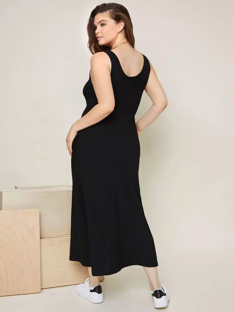 SHEIN EZwear Plus Scoop Neck Solid Tank Dress - Black - View 2