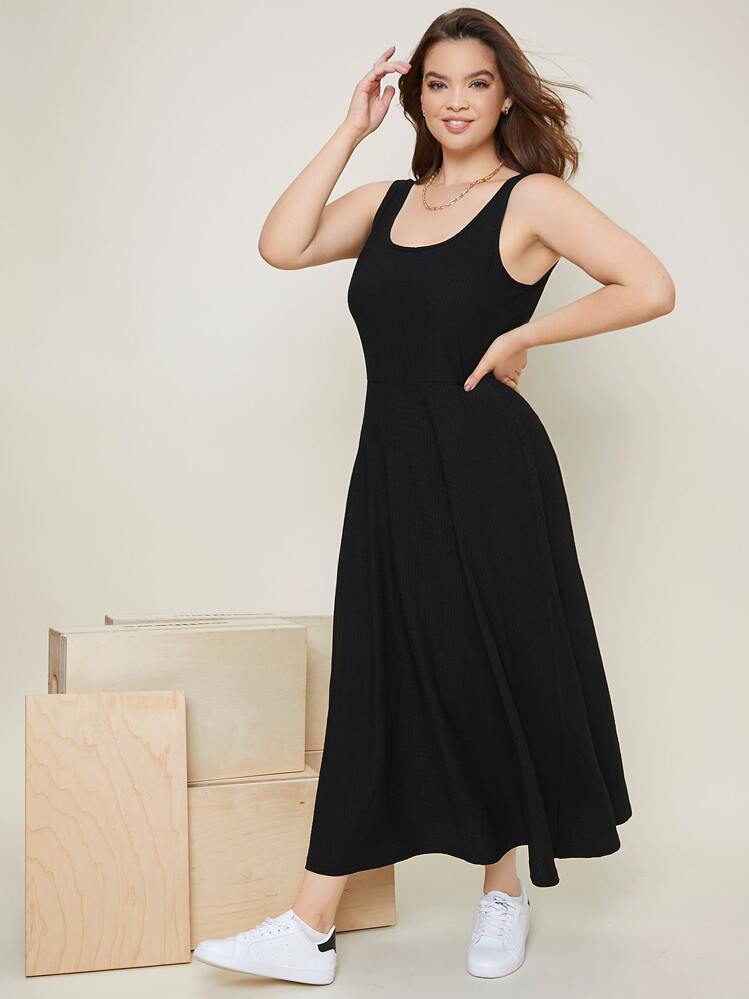 SHEIN EZwear Plus Scoop Neck Solid Tank Dress - Black - View 3