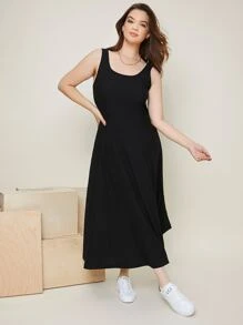 SHEIN EZwear Plus Scoop Neck Solid Tank Dress - Black - View 4