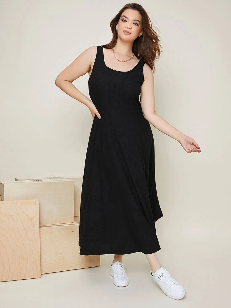 SHEIN EZwear Plus Scoop Neck Solid Tank Dress - Black - View 4