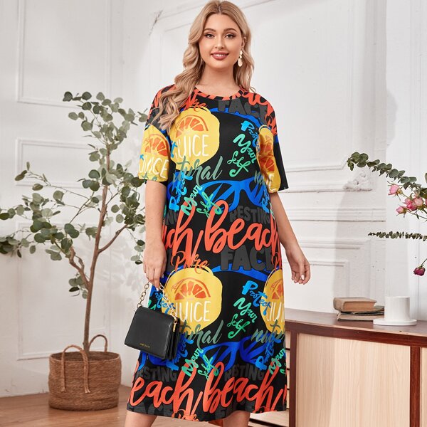 

Plus Drop Shoulder Letter Graphic Dress, Multicolor