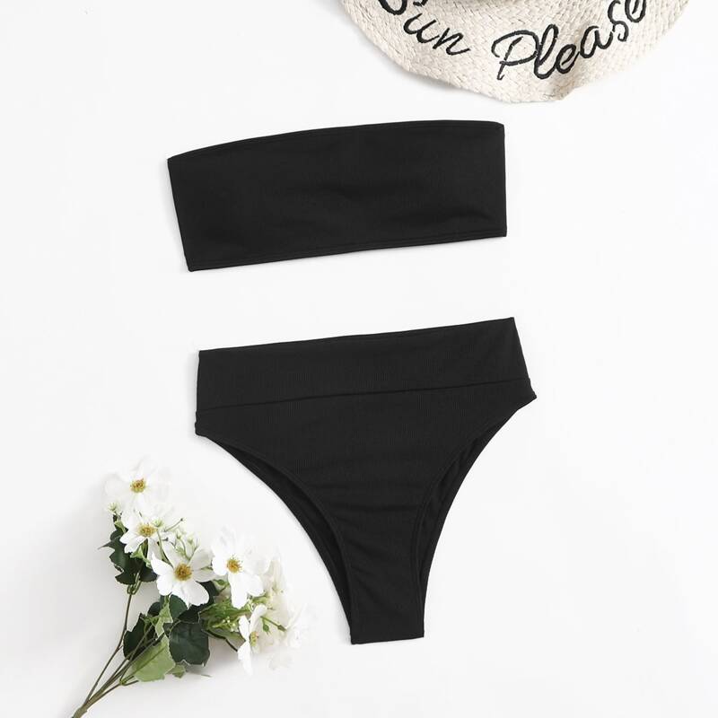 

Solid Bandeau Bikini Swimsuit, Black