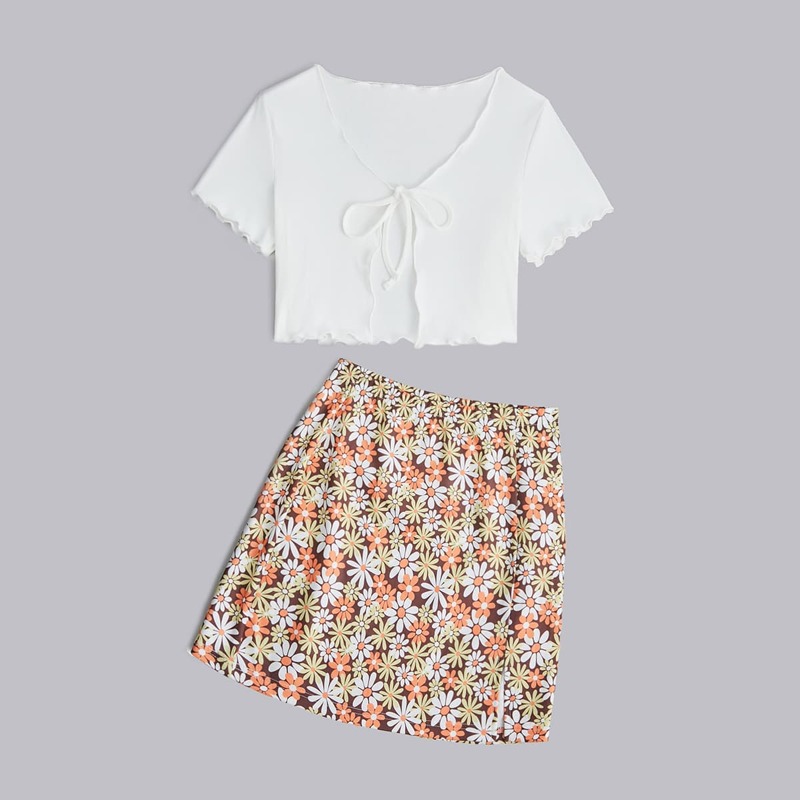 

Solid Ribbed Tie Front Top & Floral Print Split Skirt, Multicolor