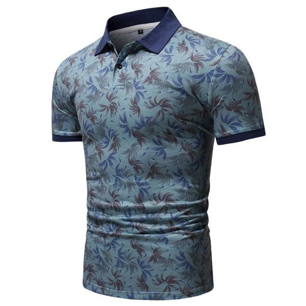 

Men Leaf Print Polo Shirt, Dusty blue