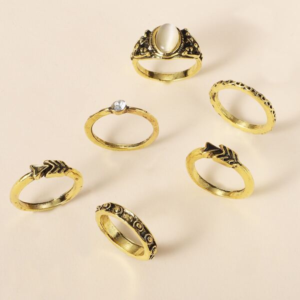 

6pcs Rhinestone Detail Ring, Gold