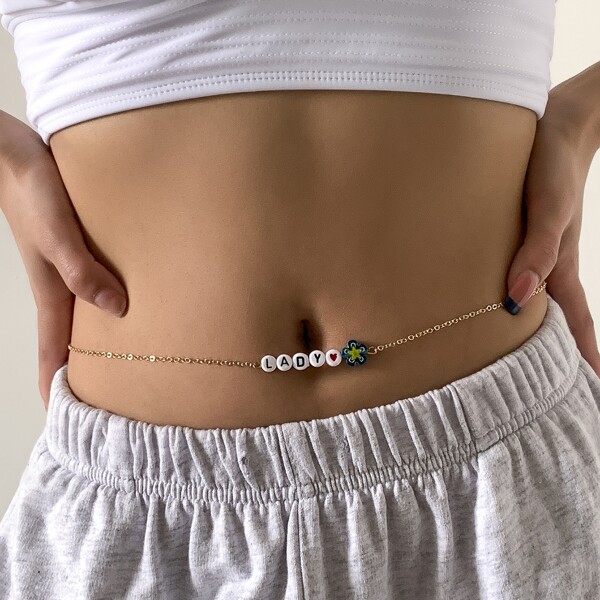 

Letter Bead Decor Waist Chain, Gold