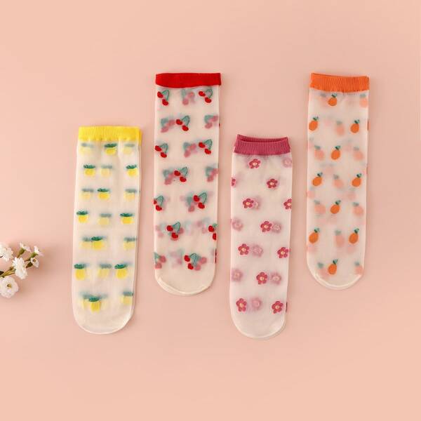 

4pairs Toddler Girls Flower & Fruit Print Socks, Multicolor