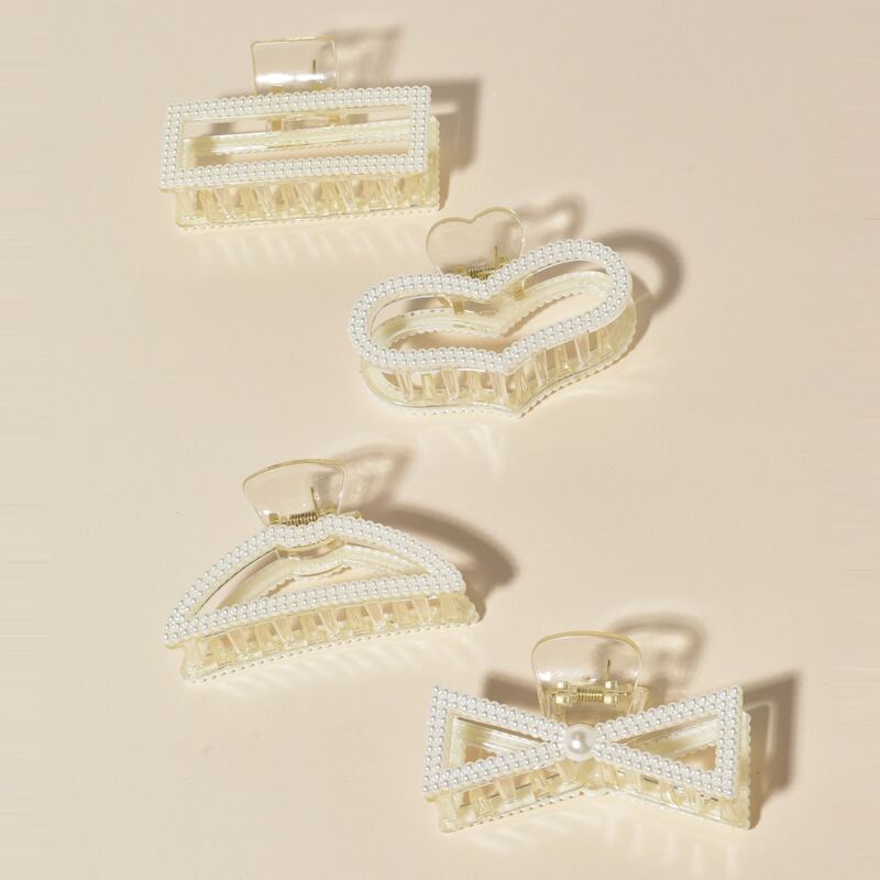 

4pcs Faux Pearl Decor Hair Claw, White