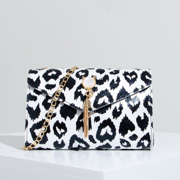 

Tassel Decor Leopard Graphic Chain Crossbody Bag, Black and white