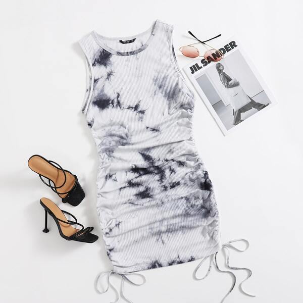 

Plus Drawstring Knot Ruched Tie Dye Dress, Black and white