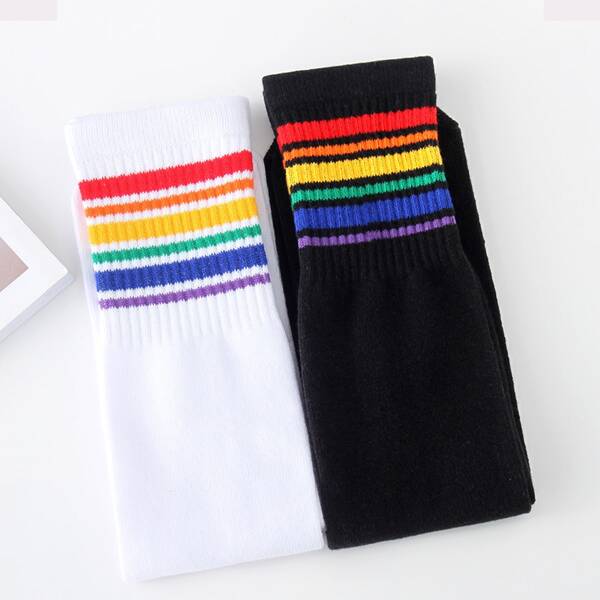 

2pairs Toddler Girls Rainbow Striped Socks, Multicolor
