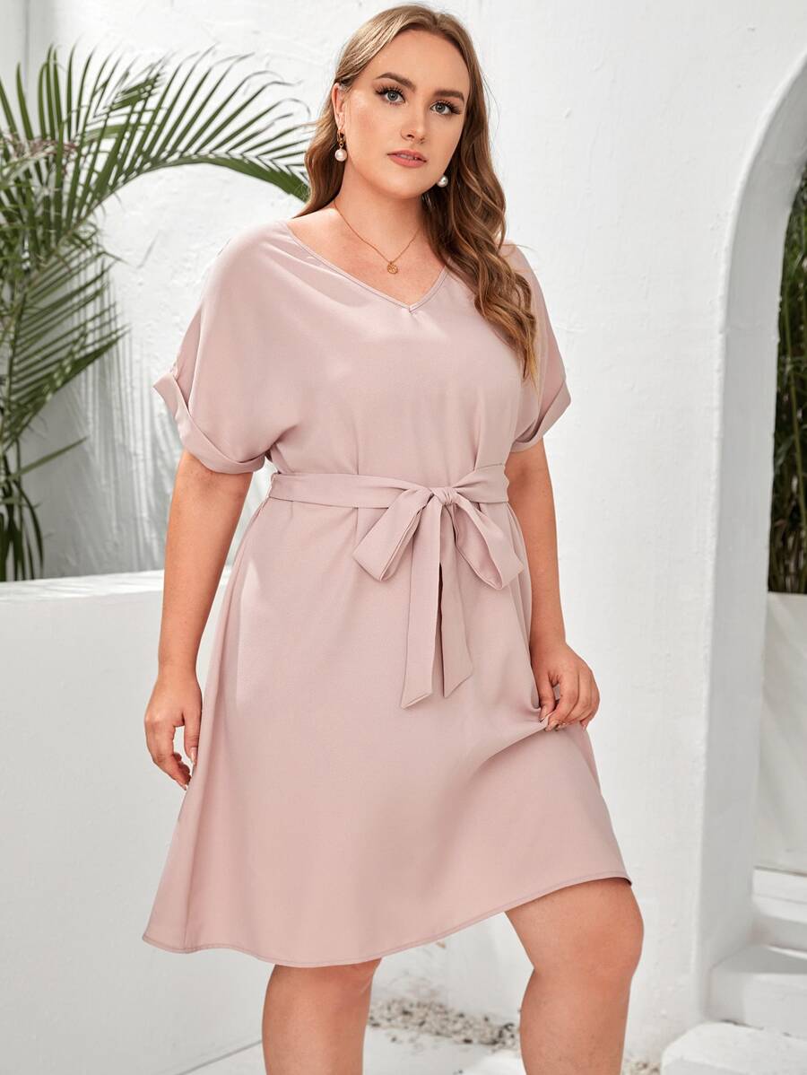SHEIN Plus Roll Up Sleeve Solid Belted Dress - Dusty Pink - View 1