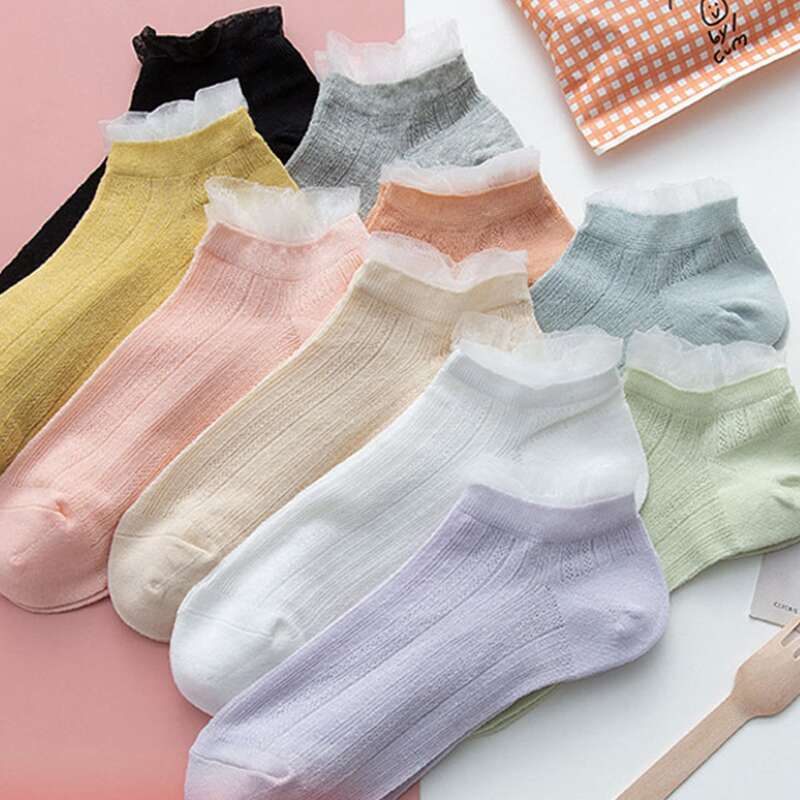 

10pairs Contrast Lace Ankle Socks, Multicolor