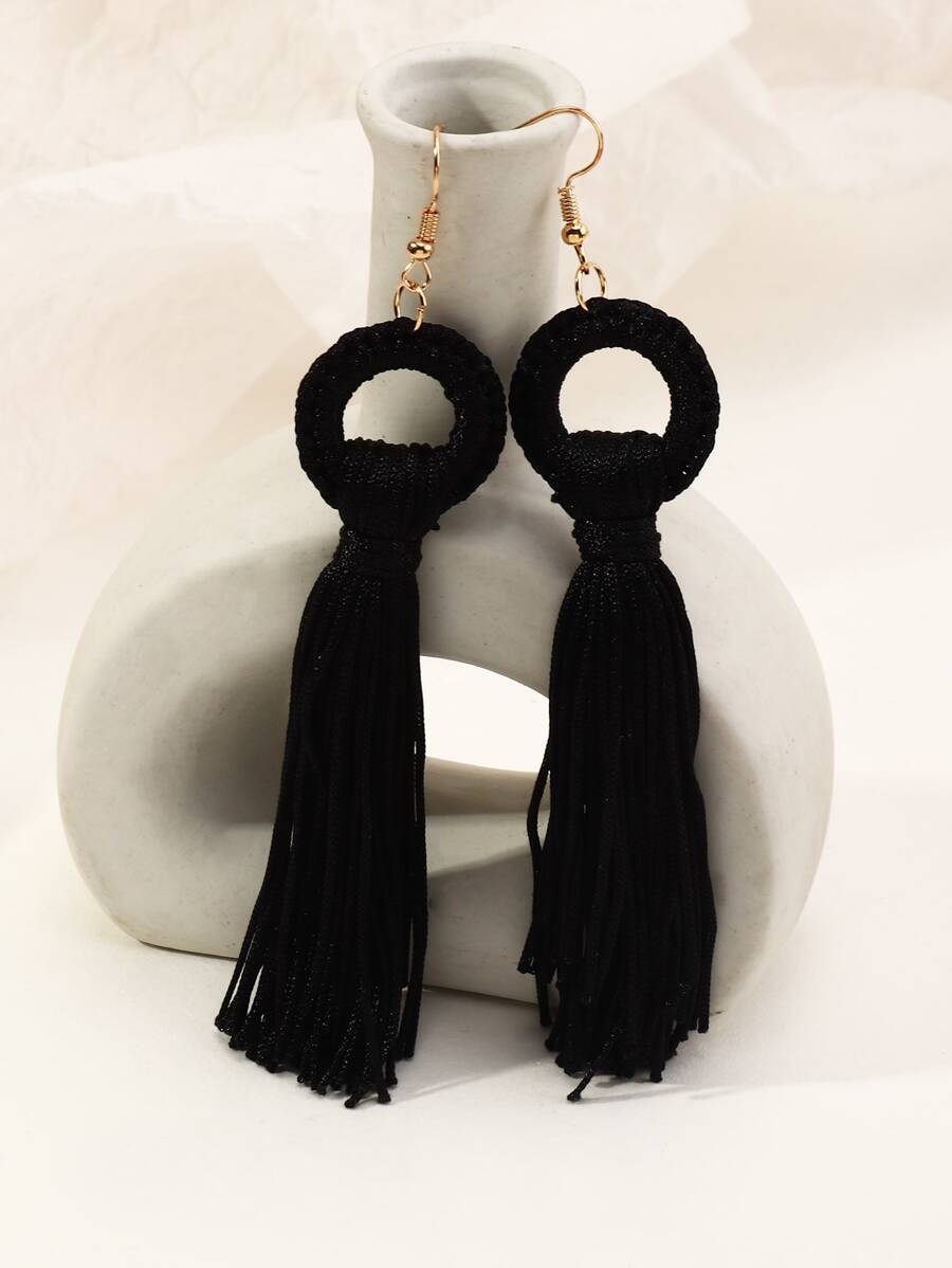 NAIZHU 1pair Bohemian Style Geometric Round Shape Multicolor Tassel Earrings, Women's Fashionable Party Accessories - Black - View 1