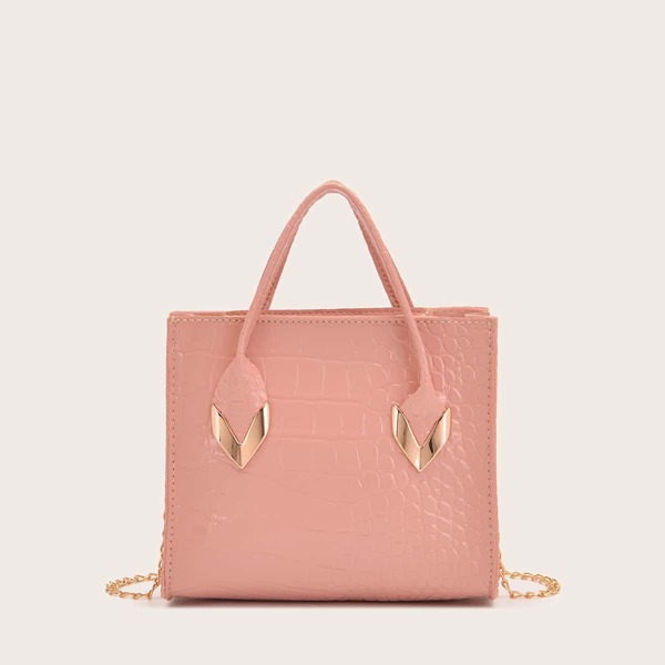 

Minimalist Croc Embossed Chain Satchel Bag, Pink