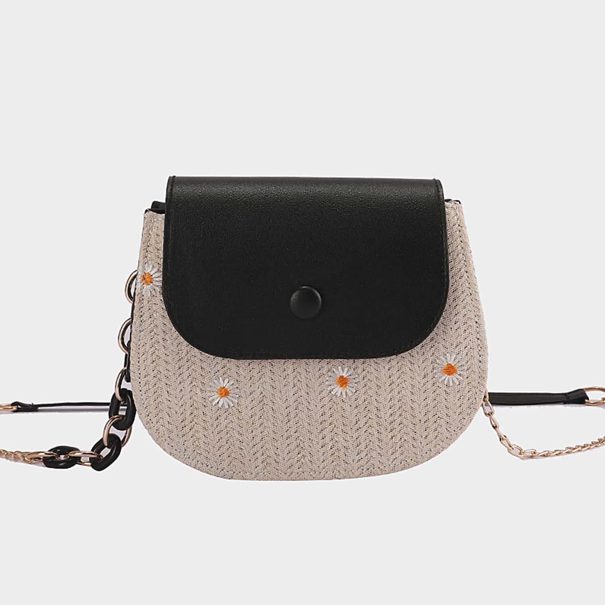 

Floral Flap Chain Saddle Bag, Black