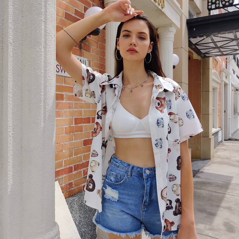 

Cartoon Bear Print Button Front Blouse, White
