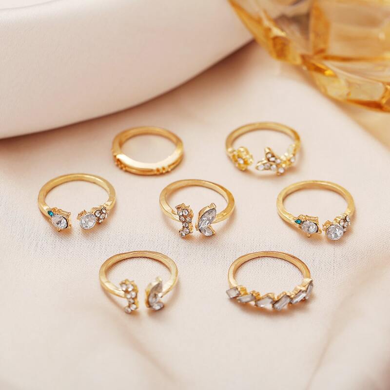 

7pcs Rhinestone Decor Ring, Gold