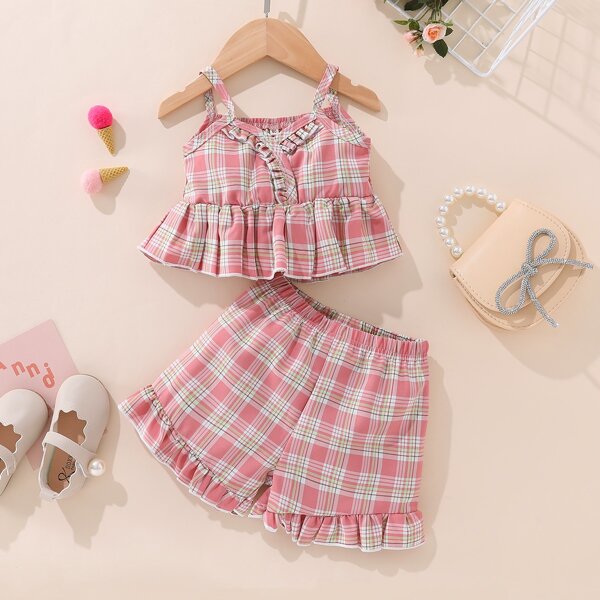 

Baby Girl Plaid Ruffle Hem Cami Top With Shorts, Multicolor
