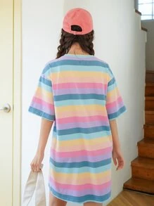 DAZY 条纹落肩T恤连衣裙夏季太阳裙，休闲女装 - 彩色 - 查看 2