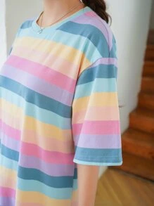 DAZY 条纹落肩T恤连衣裙夏季太阳裙，休闲女装 - 彩色 - 查看 3