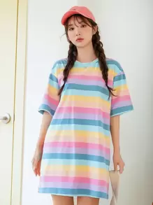 DAZY 条纹落肩T恤连衣裙夏季太阳裙，休闲女装 - 彩色 - 查看 4