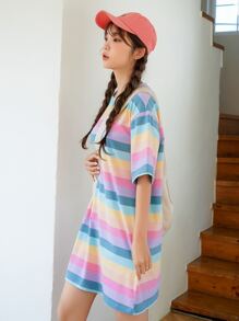 DAZY 条纹落肩T恤连衣裙夏季太阳裙，休闲女装 - 彩色 - 查看 5