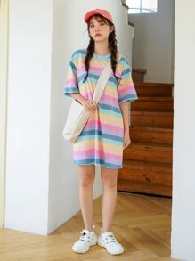 DAZY 条纹落肩T恤连衣裙夏季太阳裙，休闲女装 - 彩色 - 查看 6