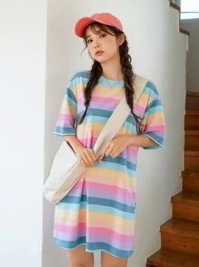 DAZY 条纹落肩T恤连衣裙夏季太阳裙，休闲女装 - 彩色 - 查看 7