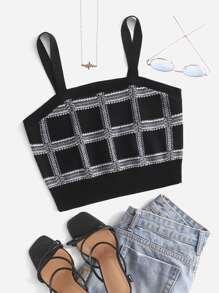 Top de punto con estampado de cuadros - Negro - Ver 1