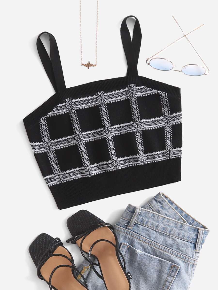 Top de punto con estampado de cuadros - Negro - Ver 1