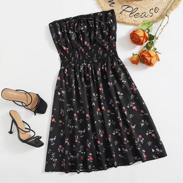 

Floral Print Shirred Waist Bandeau Dress, Black