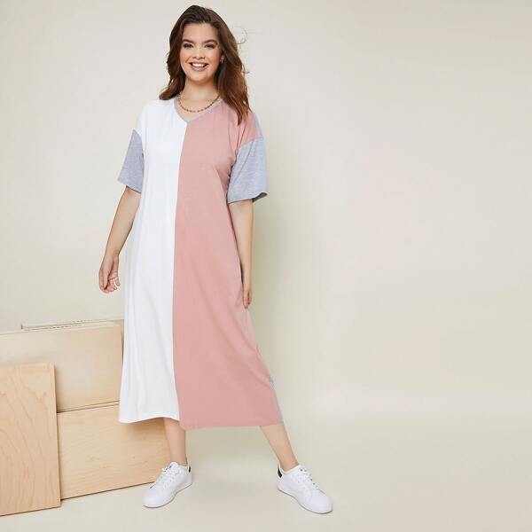 

Plus V-neck Drop Shoulder Colorblock Dress, Multicolor