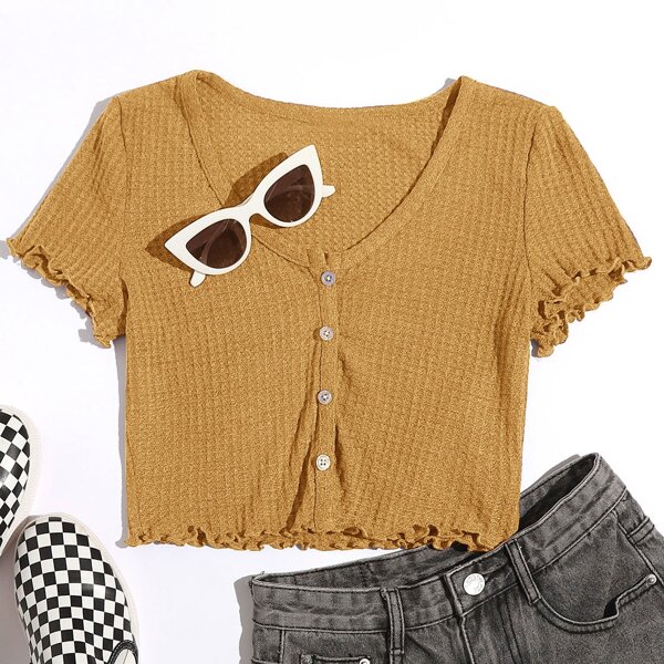 

Plus Buttoned Front Lettuce Trim Waffle Knit Tee, Mustard yellow