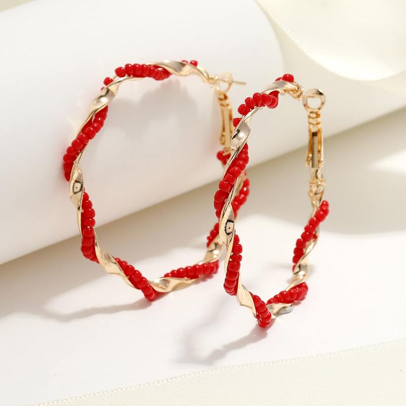 

Beaded Hoop Earrings, Red