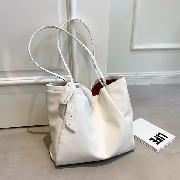 

Minimalist Scarf Decor Shoulder Tote Bag, White